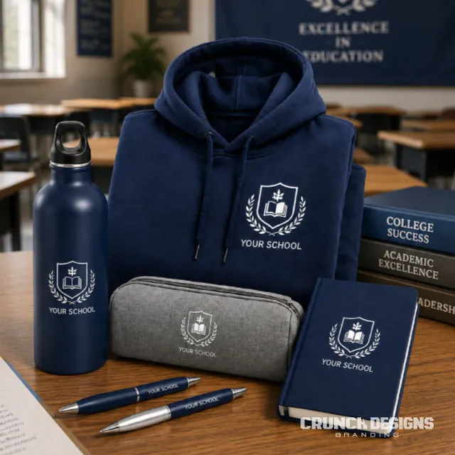 Collection of branded promotional college merchandise