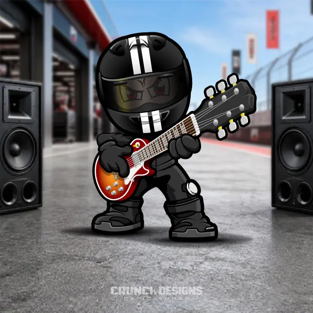 Bespoke motorcycle racer with guitar caricature